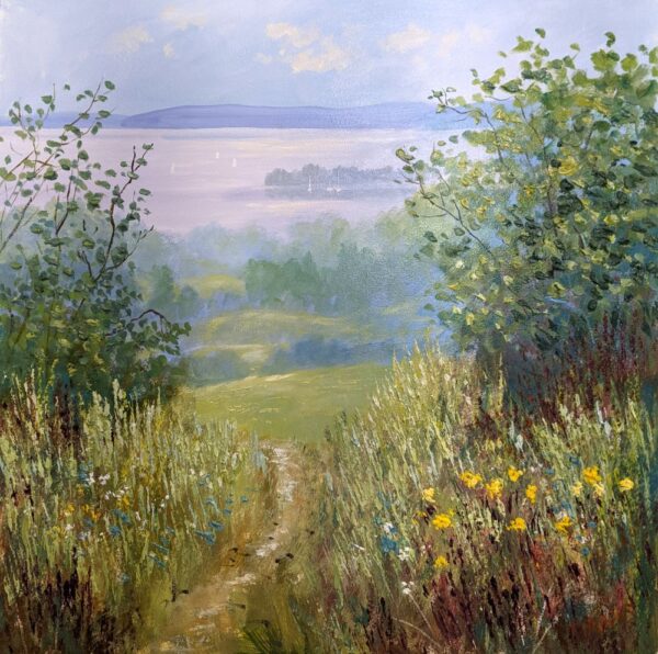 Lake District art original oil painting by Jeff Sudders featuring bright green trees and flowers with blue skies and lake Windermere in the distance.