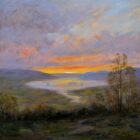 A peaceful sunset over a mountain valley, painted in soft lavender, blue, orange, and gold, with dark trees in the foreground.