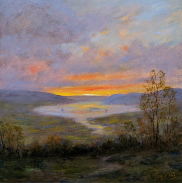 A peaceful sunset over a mountain valley, painted in soft lavender, blue, orange, and gold, with dark trees in the foreground.