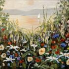 Colourful wildflower meadow overlooking a calm lake at sunset with a small white sailboat in the distance surrounded by silver birch trees in an expressive impressionist style