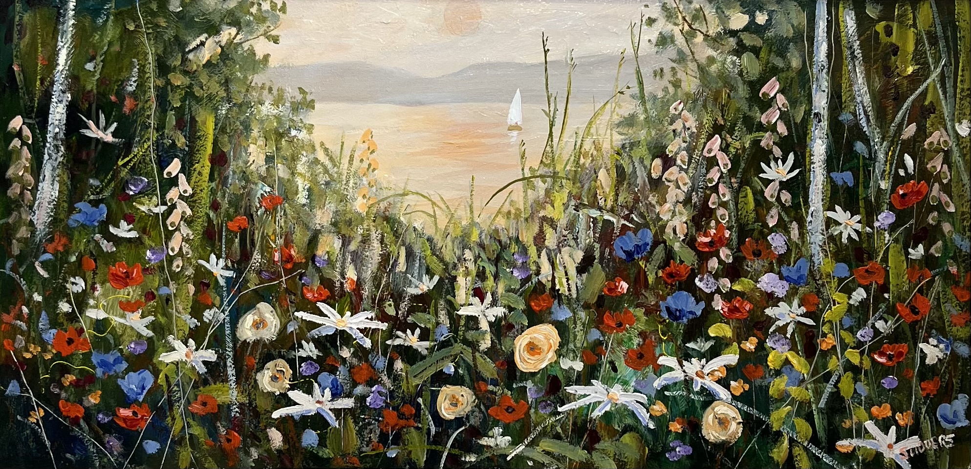 Evening Sail by Jeff Sudders Colourful wildflower meadow overlooking a calm lake at sunset with a small white sailboat in the distance surrounded by silver birch trees in an expressive impressionist style