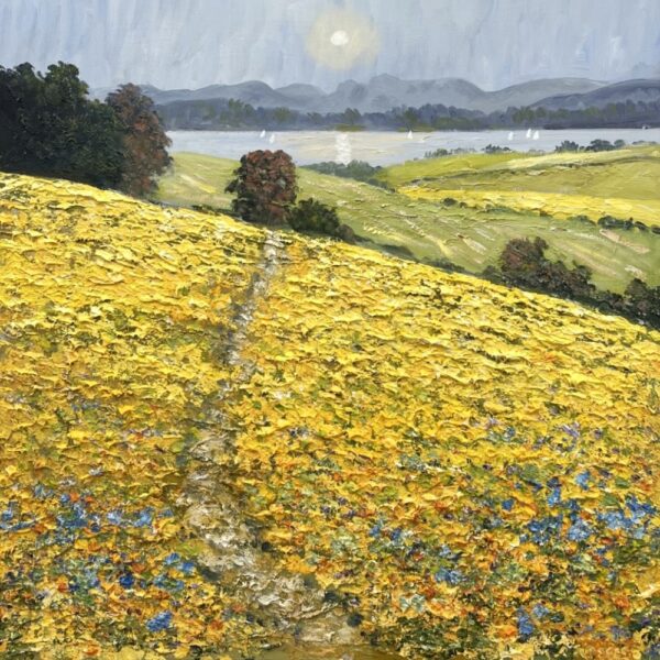 lake district art original oil painting by local artist Jeff Sudders featuring Fields of Gold. Golden fields overlooking lake windermere and the Langdale Pikes with sailboats floating by.