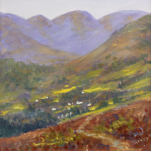 lake district art original oil painting by local artist Jeff Sudders. foopath to ambleside. overlooking village to fellside