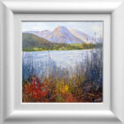 Lake District art original oil painting by local artist Jeff Sudders featuring Grasmere bright foliage in the foreground looking towards the lake with fells in the distance and blue skies.