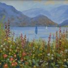 Lake District art original oil painting by Jeff Sudders Growing Wild On The Shore Of Ullswater. Wildflowers blooming in the foreground with sailboats in the distance underneath vast fells.