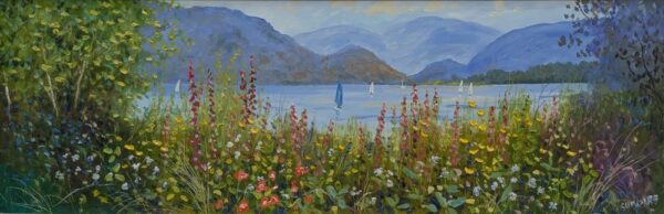Lake District art original oil painting by Jeff Sudders Growing Wild On The Shore Of Ullswater. Wildflowers blooming in the foreground with sailboats in the distance underneath vast fells.