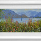Lake District art original oil painting by Jeff Sudders Growing Wild On The Shore Of Ullswater. Wildflowers blooming in the foreground with sailboats in the distance underneath vast fells.