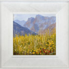 lake district art original oil painting by local artist Jeff Sudders. Blooming yellow wild flowers with gold leaf looking out towards langdale valley