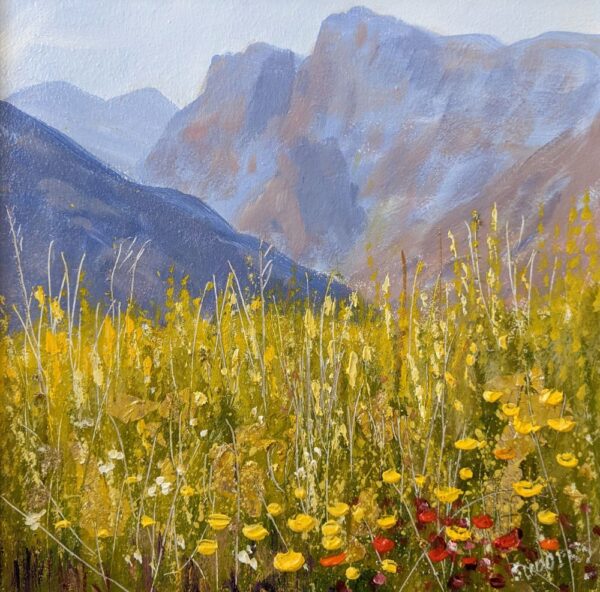 lake district art original oil painting by local artist Jeff Sudders. Blooming yellow wild flowers with gold leaf looking out towards langdale valley