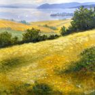 Lake District art original oil painting by Jeff Sudders featuring golden yellow fields and distant views of lake Windermere and fells.
