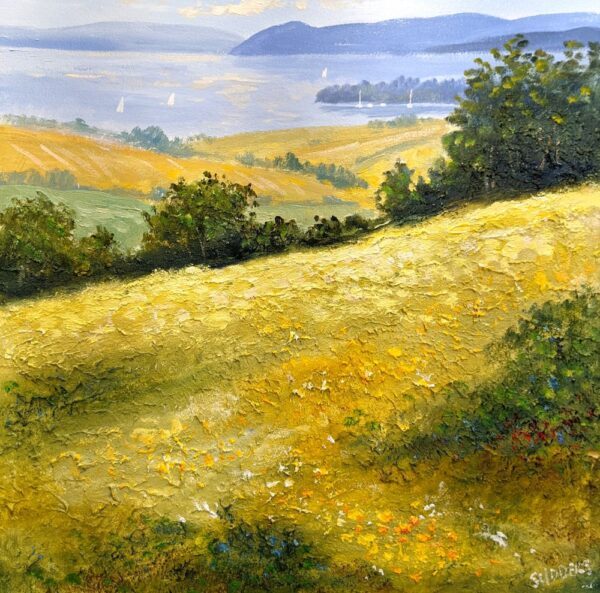 Lake District art original oil painting by Jeff Sudders featuring golden yellow fields and distant views of lake Windermere and fells.