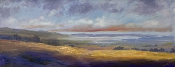 Lake District art original oil painting by Jeff Sudders. Lakeland Colours is a vibrant atmospheric Lake District scene with a lake and fells in the distance.