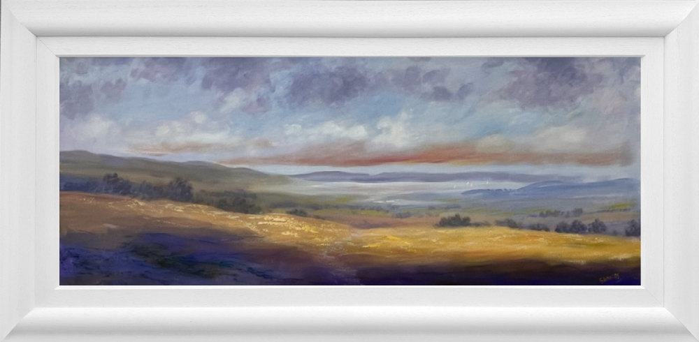 Lake District art original oil painting by Jeff Sudders. Lakeland Colours is a vibrant and atmospheric Lake District scene with a lake and fells in the distance.