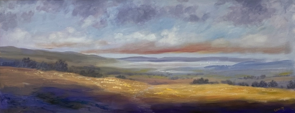 Lakeland Colours by Jeff Sudders Lake District art original oil painting by Jeff Sudders. Lakeland Colours is a vibrant atmospheric Lake District scene with a lake and fells in the distance.