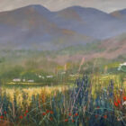 Lake District art original oil painting by Jeff Sudders landscape near ambleside fell view over white houses with impasto floral front cow parsley