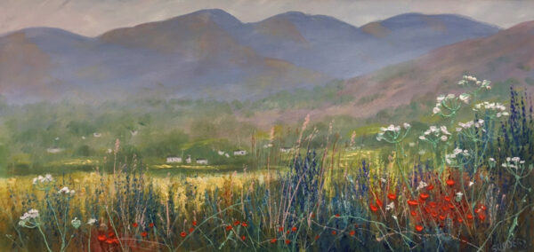 Lake District art original oil painting by Jeff Sudders landscape near ambleside fell view over white houses with impasto floral front cow parsley