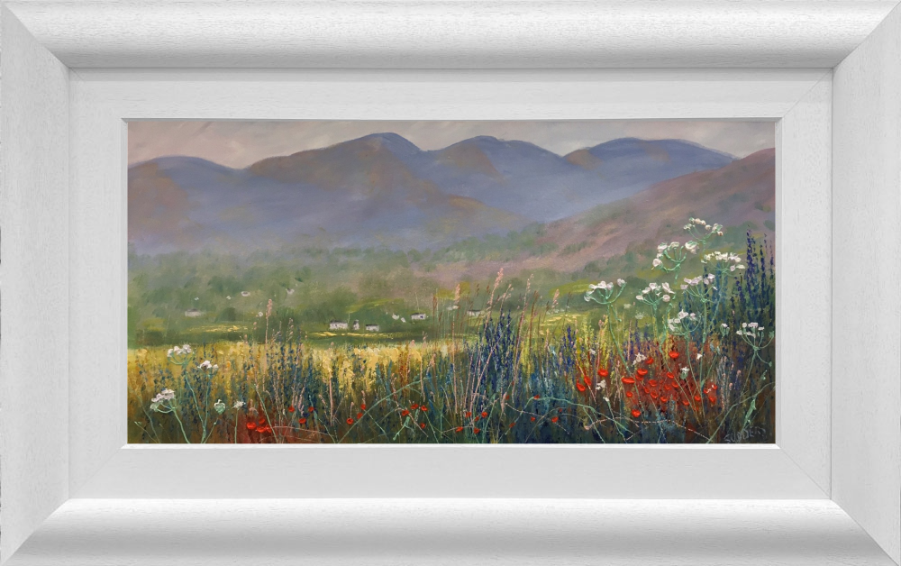 Lake District art original oil painting by Jeff Sudders landscape near ambleside fell view over white houses with impasto floral front cow parsley