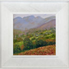 lake district art original oil painting by local artist Jeff Sudders. Looking Towards Ambleside dark orange tone fields and woodland looking on silhouette fells. Framed in a white oak frame.