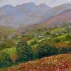 lake district art original oil painting by local artist Jeff Sudders. Looking Towards Ambleside dark orange tone fields and woodland looking on silhouette fells