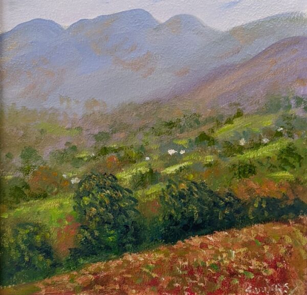 lake district art original oil painting by local artist Jeff Sudders. Looking Towards Ambleside dark orange tone fields and woodland looking on silhouette fells