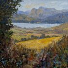 Lake District art local artist Jeff Sudders. Colourful floral meadows featuring Lake Windermere and the Langdale Pikes