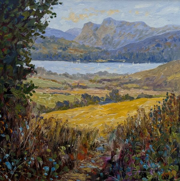 Lake District art local artist Jeff Sudders. Colourful floral meadows featuring Lake Windermere and the Langdale Pikes