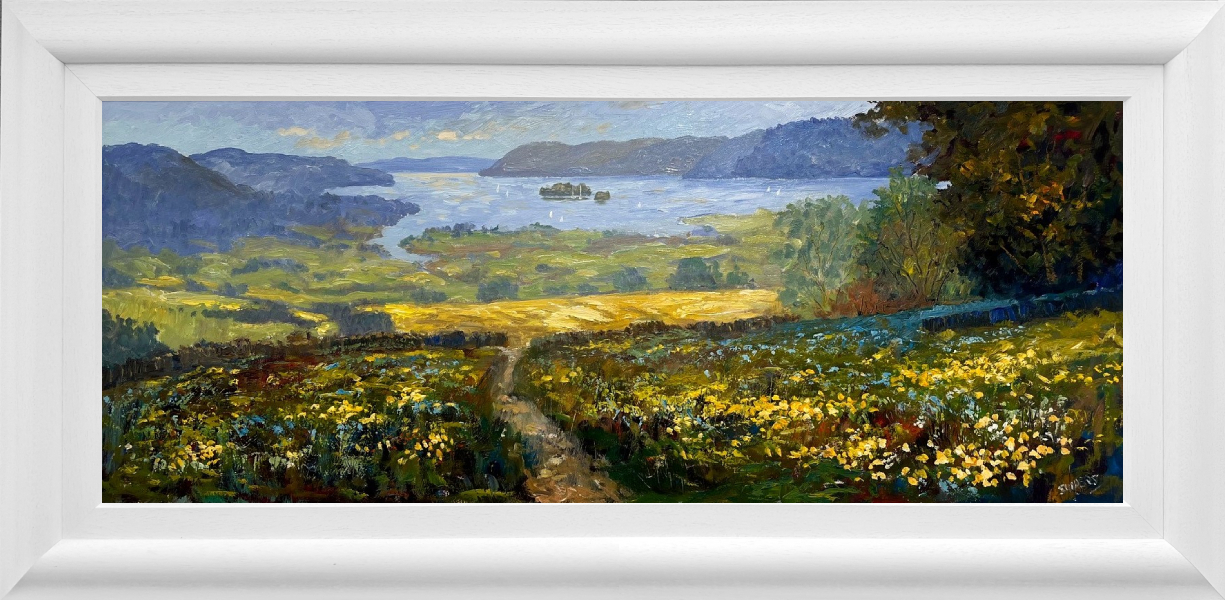 Lake District art original oil painting by Jeff Sudders. Looking towards Windermere features beautiful floral meadow in the foreground with Lake Windermere and surrounding fells
