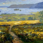 Lake District art original oil painting by Jeff Sudders. Looking towards Windermere features beautiful floral meadow in the foreground with Lake Windermere and surrounding fells