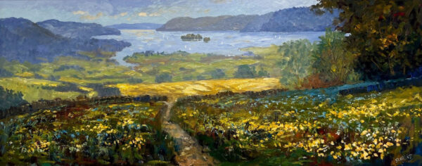 Lake District art original oil painting by Jeff Sudders. Looking towards Windermere features beautiful floral meadow in the foreground with Lake Windermere and surrounding fells