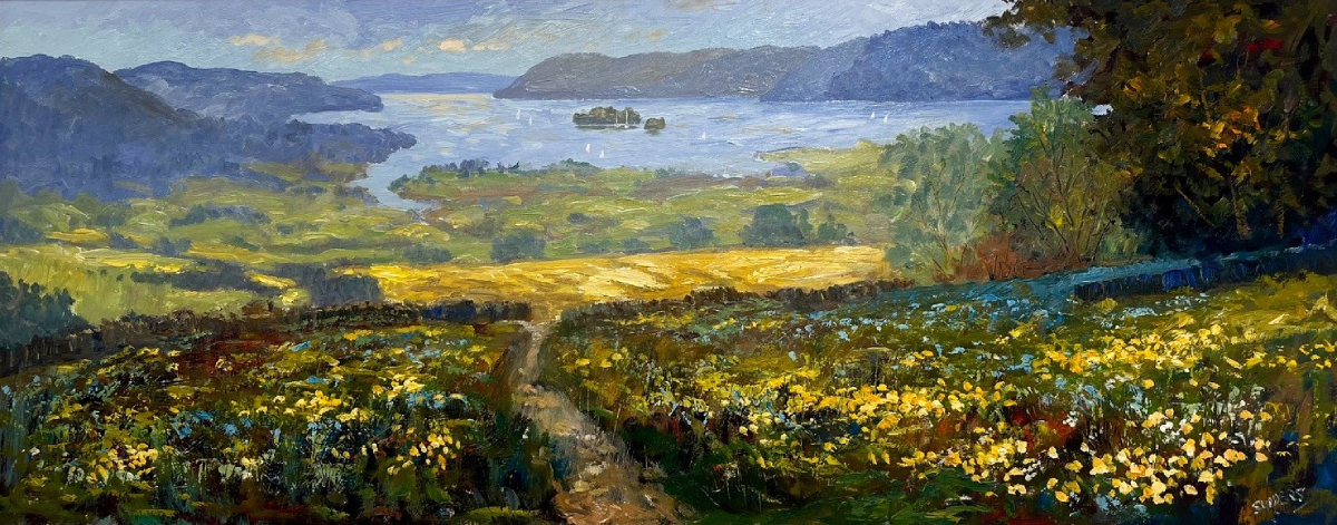 Looking towards windermere Lake District art original oil painting by Jeff Sudders. Looking towards Windermere features beautiful floral meadow in the foreground with Lake Windermere and surrounding fells