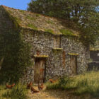 Lake District art original oil painting Memories on the Farm by Edward Hersey of a traditional English barn in the countryside with hens outside in a traditional landscape style.