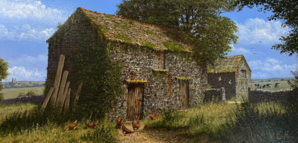 Lake District art original oil painting Memories on the Farm by Edward Hersey of a traditional English barn in the countryside with hens outside in a traditional landscape style.