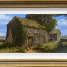 Lake District art original oil painting Memories on the Farm by Edward Hersey in a gold frame with white slip.