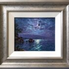 Moonlight Sparkle Derwentwater lake district an original oil painting by Andrew Grant Kurtis. A beautiful night scene with purple and blue tones the moon reflecting off the water. Displayed in a sliver frame