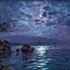 Moonlight Sparkle Derwentwater lake district an original oil painting by Andrew Grant Kurtis. A beautiful night scene with purple and blue tones the moon reflecting off the water.