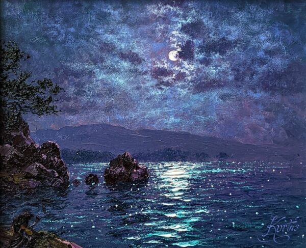 Moonlight Sparkle Derwentwater lake district an original oil painting by Andrew Grant Kurtis. A beautiful night scene with purple and blue tones the moon reflecting off the water.