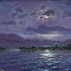 Lake District art original oil painting Moonlight Sparkle Langdale Pikes by Andrew Grant Kurtis in deep blues and purples showing the moons reflection on the lake at Windermere with the mountains in the distance.