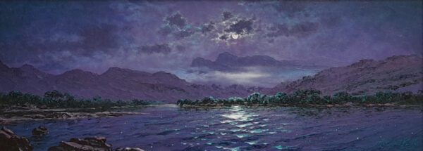 Lake District art original oil painting Moonlight Sparkle Langdale Pikes by Andrew Grant Kurtis in deep blues and purples showing the moons reflection on the lake at Windermere with the mountains in the distance.