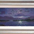 Lake District art original oil painting Moonlight Sparkle Langdale Pikes by Andrew Grant Kurtis in a silver frame with white sliip.