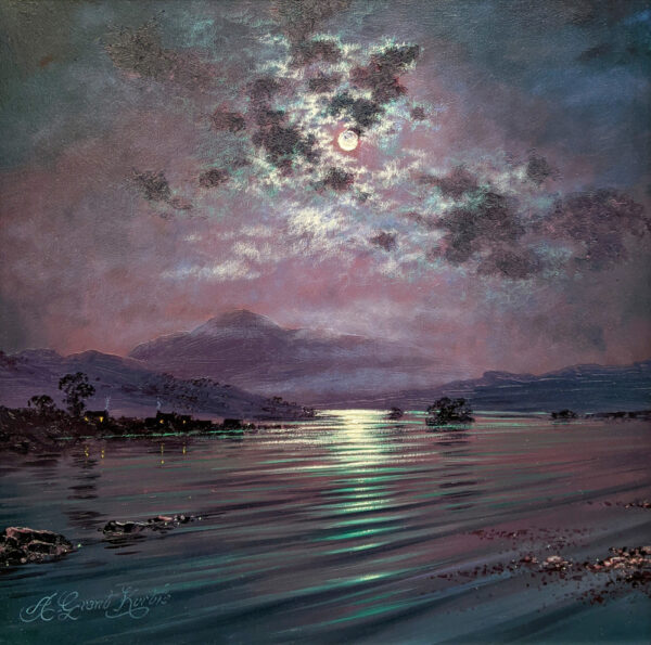An original oil painting by Andrew Grant Kurtis. A tranquil moonlit lake with shimmering reflections mountains and softly glowing clouds beneath a blue purple night sky