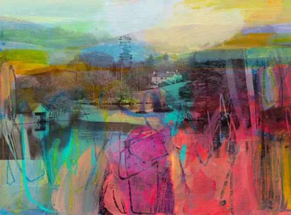 Giclee print by Kate Boyce of the Lake District. Mixed media photography and paint limited edition print of morning light at Rydal.
