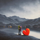 lake district art original oil painting by artist david renshaw adventures of ted and doris northern romance my absolute everything greyscale embrace with lake fells red balloon heart