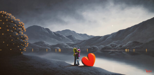 lake district art original oil painting by artist david renshaw adventures of ted and doris northern romance my absolute everything greyscale embrace with lake fells red balloon heart