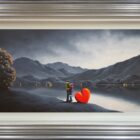 lake district art original oil painting by artist david renshaw adventures of ted and doris northern romance my absolute everything greyscale embrace with lake fells red balloon heart