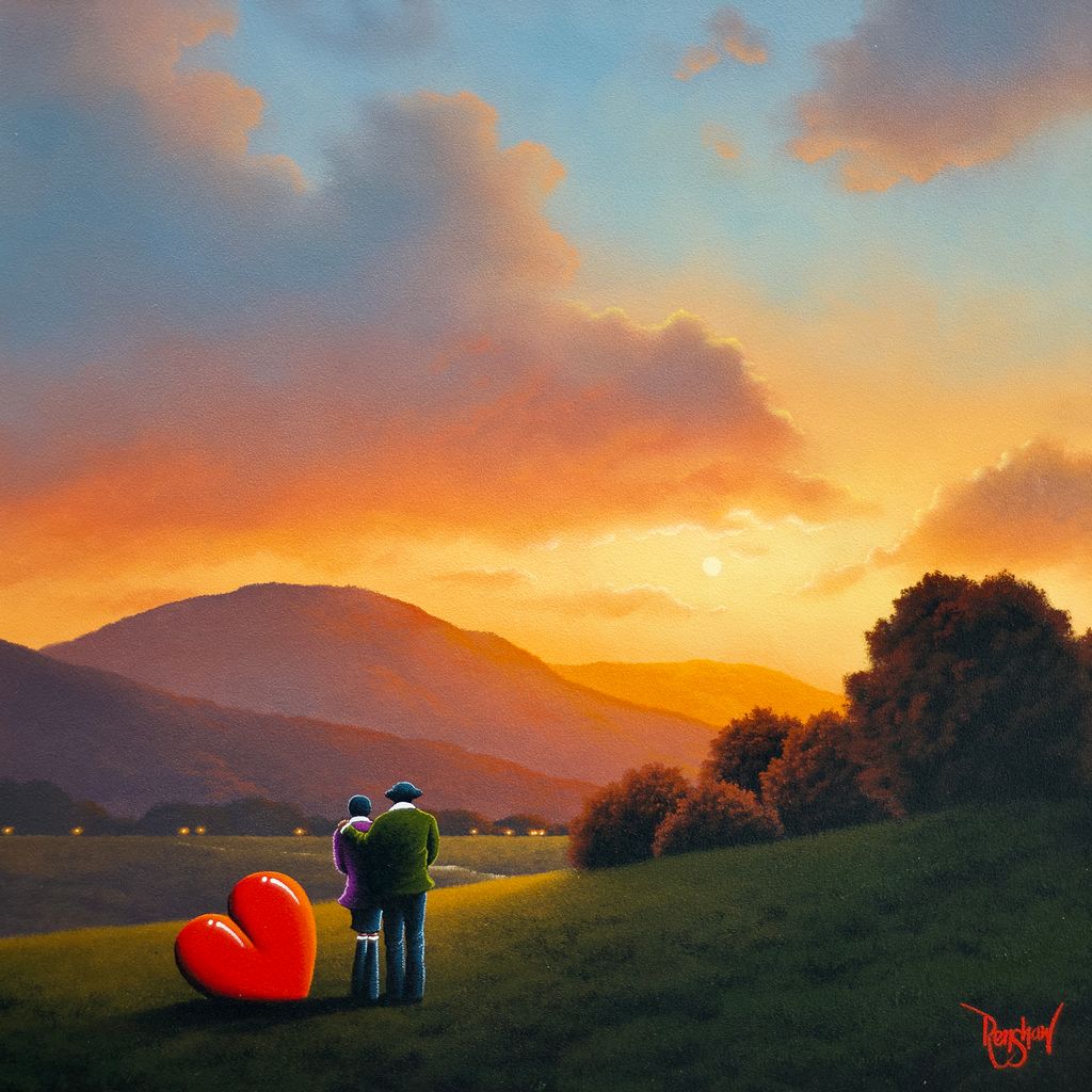 One Moment More by David Renshaw lake district art romantic original oil painting by david renshaw featuring Ted and Doris watching the sun set over the fells