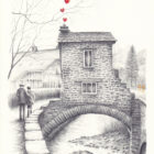 Lake District art by David Renshaw our special place ambleisde limited edition print of bridge house sketch with red love hearts