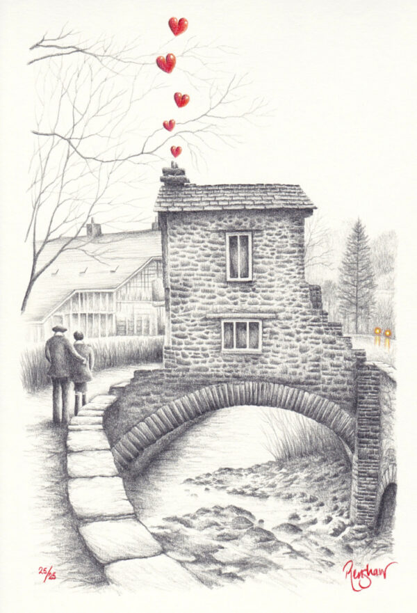 Lake District art by David Renshaw our special place ambleisde limited edition print of bridge house sketch with red love hearts