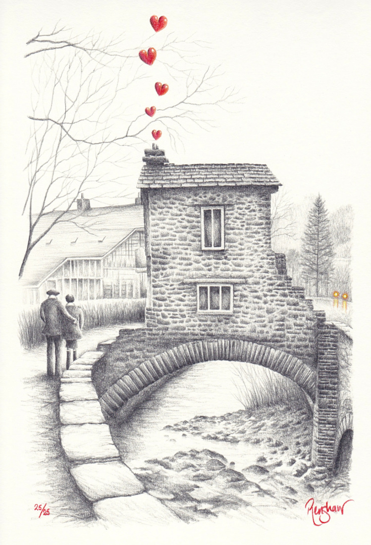 Our Special Place, Ambleside by David Renshaw Lake District art by David Renshaw our special place ambleisde limited edition print of bridge house sketch with red love hearts