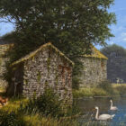 Lake District art original oil painting Out on the Farm by Edward Hersey of traditional sone barns in English countryside with hens outside, swans on the river and cows in the fields.