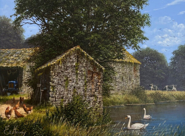 Lake District art original oil painting Out on the Farm by Edward Hersey of traditional sone barns in English countryside with hens outside, swans on the river and cows in the fields.
